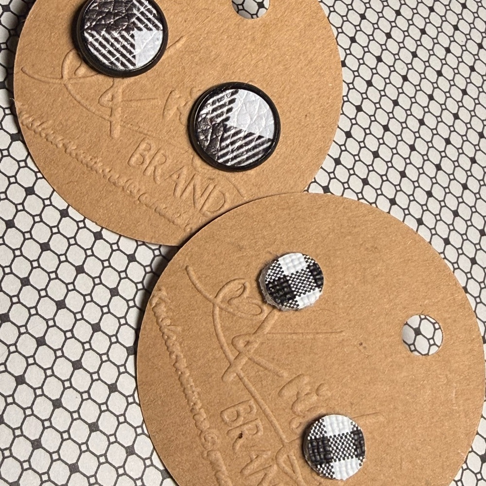 Black & White Plaid Fabric Button Stud Earrings
